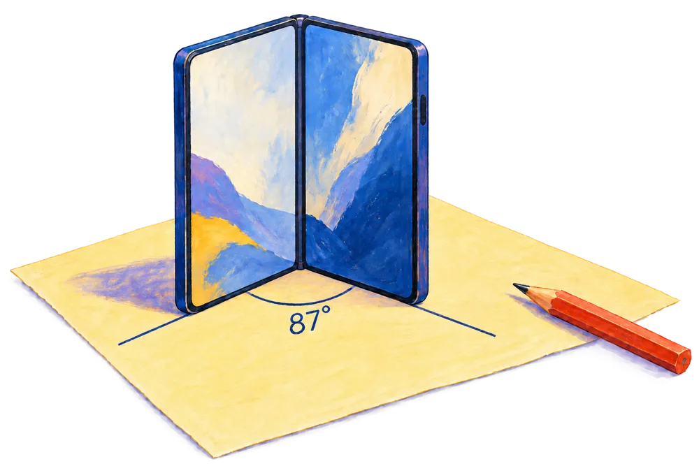 Illustration of a folding phone aligned with two lines on paper, showing an example angle of 87 degrees.